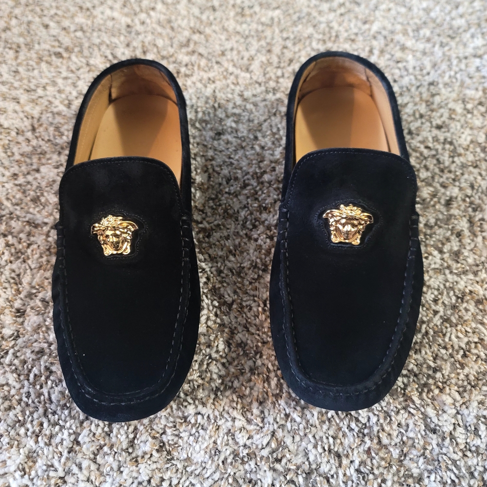 Versace Black Suede Loafers with Gold Medusa Accent